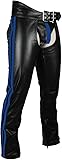 Men's Real Bikers Cowhide Leather Gay Chaps With Stripes Leather Gay Chaps Trousers (Black With Blue Stripes, 32' Waist for 30' 31')