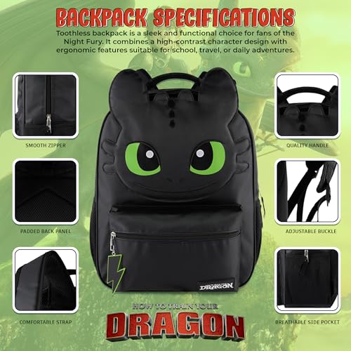 Image of AI ACCESSORY INNOVATIONS How to Train Your Dragon Toothless Backpack, Black 16 Inch School Bag with 3D Face Applique, Green Eyes, Lightning Bolt Keychain, for Boys and Girls