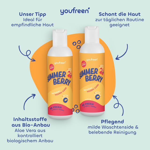 youfreen Happy-Routine-Set: Duschgel (2x200ml) und Deodorant (2x50ml) für Kinder & Teens/Deo für Kinder/Bio-Aloe-Vera/Deoroller (summer berry)