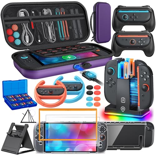 Image of Switch 2 Accessories, Case Bundle for Nintendo Switch 2 2025 Console,[Charge Inside]FYOUNG 23 IN 1 Kit:Carrying Case,Controller Charger,Protective Shell,Grip for Joycon, Steering Wheel for Mario Kart(Purple)