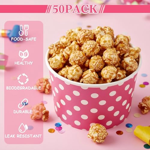 Image of Zopeal 50 Count Hot Pink Polka Dot Ice Cream Cups Disposable Dessert Bowls