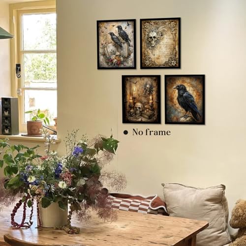 Image of WEFKODO Vintage Moody Gothic Wall Decor Skull Prints, Vintage Crow Goth Dark Academia Wall Art Posters 4Pcs, Gothic Decor for Home Bedroom Bathroom Dorm College, 8x10 Unframed