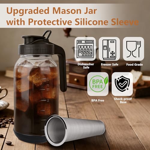 Image of Cold Brew Coffee Maker, 64oz Mason Jar Pitcher with Stainless Steel Filter, Sealed, Leak-Proof Lid with Pour Spout & Handle, Heavy Duty Glass Iced Coffee Tea Brewer with Non-Slip Silicone Base-Black