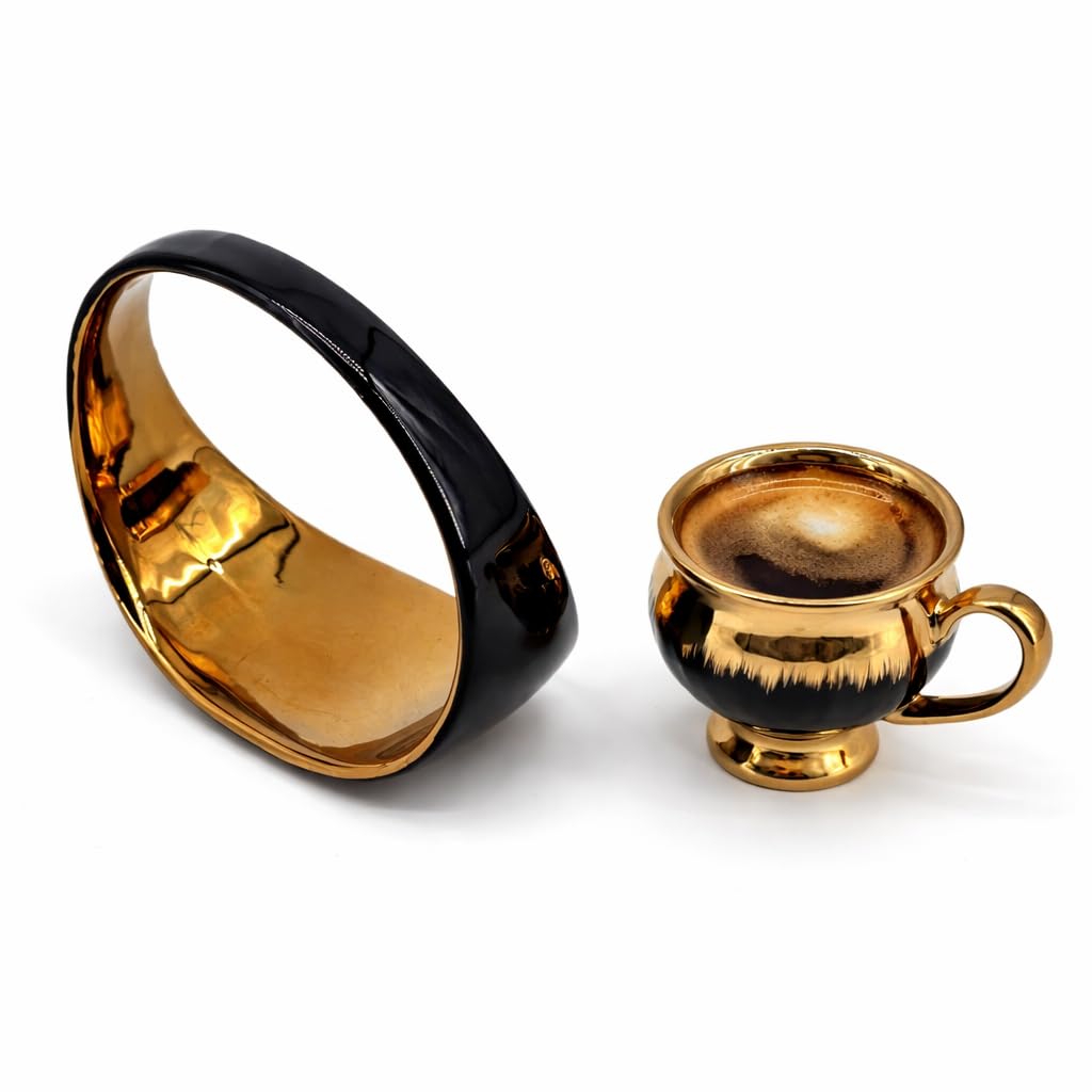 Espresso Tassen 6er Set, Schwarz Glänzend mit Goldenem Finish, 85ml, Modernes Luxus Design, Türkischer Mokka Stil