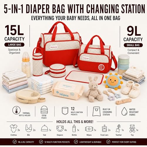 Image of Diaper Tote Bag Set for Mothers for Travel | Shoulder Side Diaper Tote Baby Bag with Changing Station & Insulated Pockets | Waterproof Maternity Diaper Bag for Baby & Mom | 24 L,12 Pockets