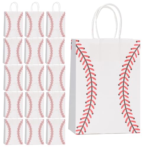 Youghuen 16 PCS Baseball Snack Bags,Baseball Paper Bags with Handle as Goodie Bags, Candy Bags for Team, Birthday Party Favors Supplies Sports Party Decoration, white