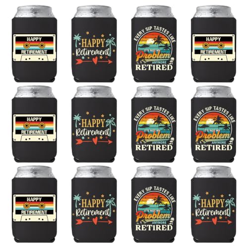 Refavor Happy Retirement Can Cooler Sleeves, 12PCS Retirement Gifts for Men 2026, Funny Vintage Beach Coastal Retired Party Favors for Officially Farewell Going Away Decor Supplies - 13 × 3.7inch