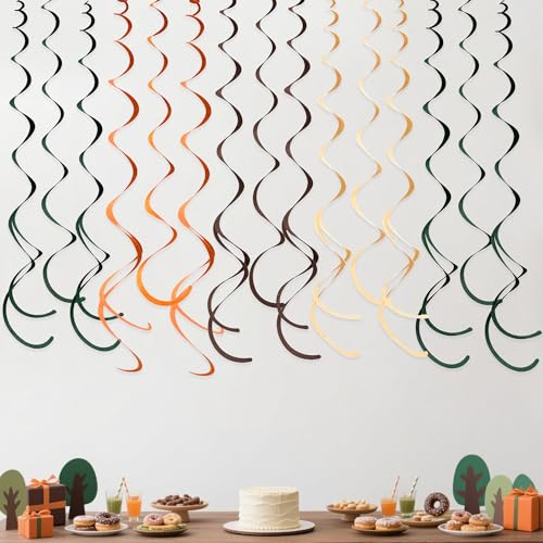 Image of 36 Pcs Green Brown Orange Beige Hanging Swirl Decorations Felt Swirl Streamer Spiral Ceiling Garland for Woodland Safari Jungle Wild Birthday Neutral Party Decorations Supplies