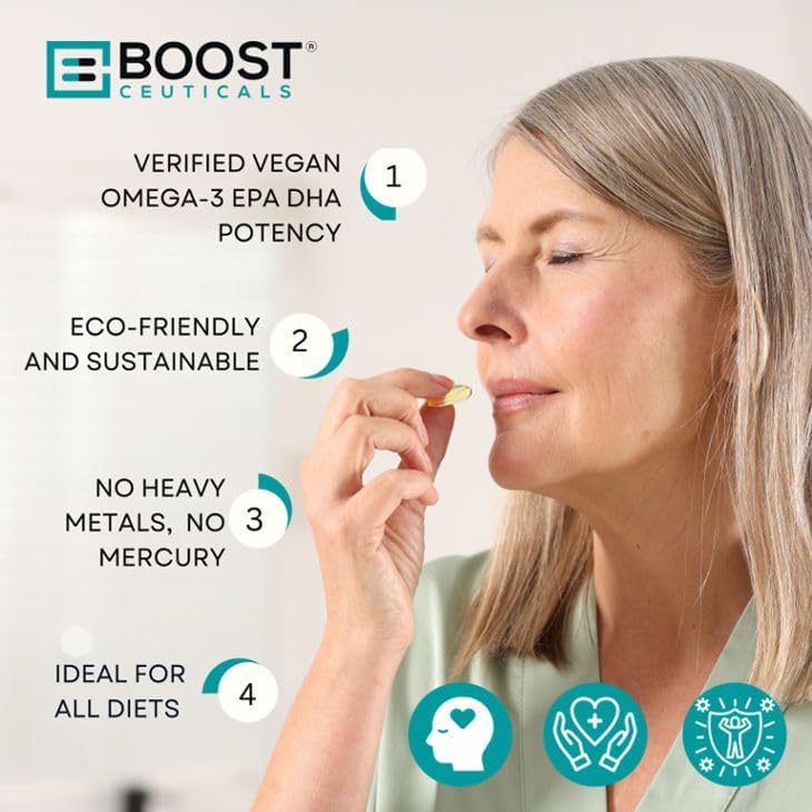 Miniatura 8 de BoostCeuticals Suplemento de algas veganas Omega 3 60-155 mg DHA + 55 mg EPA (210 mg DHAEPA total) Dosis de mantenimiento suave alternativa