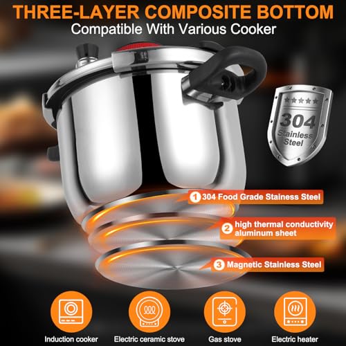 10 Quart Stainless Steel Pressure Cooker, Explosion-Proof, Rotating Lock Lid, Anti-Scald Handle, Silver