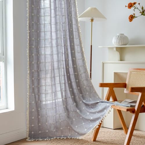 Sutuo Home - Rideaux Boho 243,8 cm de Long pour Chambre à Coucher et Salon, en Lin à Carreaux bohémien Vintage Chic avec Franges, filtrage léger, Style...