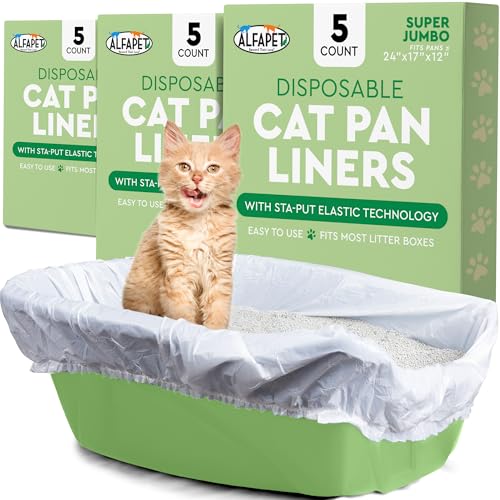 Alfapet Cat Litter Box liners Disposable, Elastic Liners 15 count For Extra-Giant, jumbo, super-jumbo Size litter Pans- With Sta-Put Technology for Firm, Easy Fit- Quick + Clever Waste Cleaners