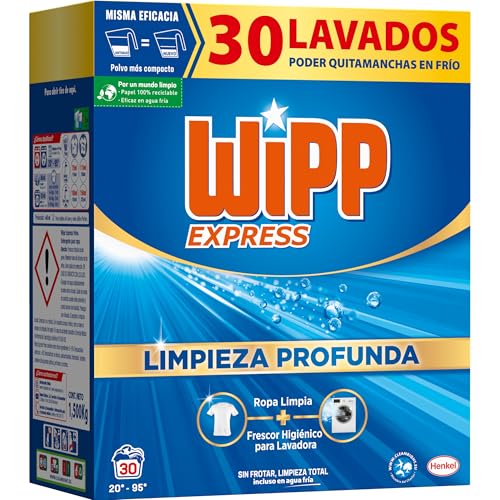 Wipp Express Limpieza Profunda (30 lavados), detergente en polvo quitamanchas, para lavadora, coladas higiénicamente limpias