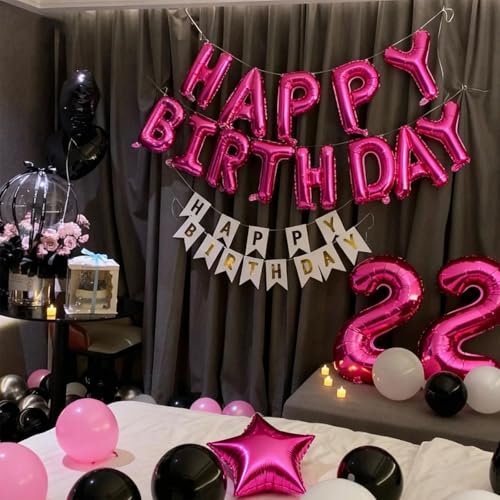 Image of Hot Pink Happy Birthday Balloon Banner Kit - 16 Inch Foil Letters Balloons Hot Pink Birthday Decor for Men, Women Adults,Reusable Mylar Balloons,Birthday Party Sign, Birthday Decorations Supplies