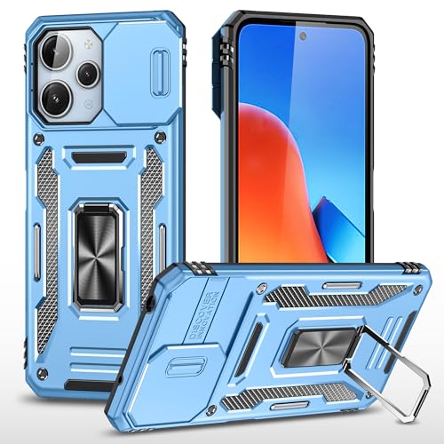 Image of Polycarbonate Slide Camera Cover with Ring Holder Mobile Phone Back Cover for Redmi 12 5G|Redmi 12 4G|Poco M6 Pro 5G (Blue)