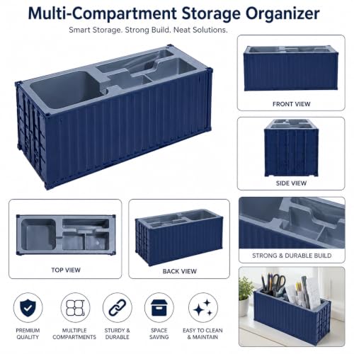 Image of Desk Organizer Office Supplies Multi Function Shipping Container Style Storage Box Pen Pencil Business Card and Remote Control Holder for Office and Home DARK BLUE 4 Section