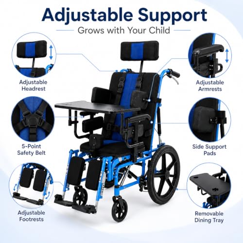 Image of Full Reclining Pediatric Wheelchair - Heavy Duty Folding Kids Wheelchair with Headrest, Meal Tray & Elevating Footrest, Medical Mobility Chair for Home, Travel & Rehabilitation (Blue)