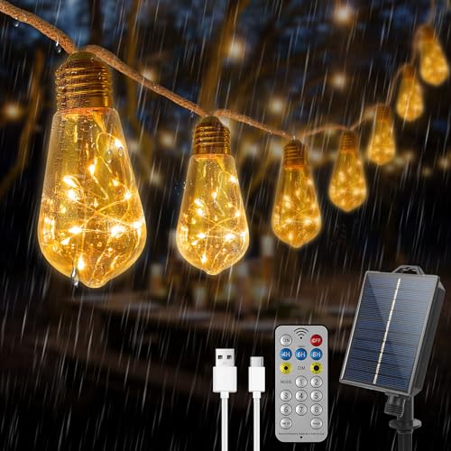 Guirnaldas de Luces Exterior Solar, 8M LED Cadena de Luz con 16 Bombillas, Impermeable Guirnaldas Luminosas Exterior y Interior Deco para Jardín, Patio, Fiesta,Terraza