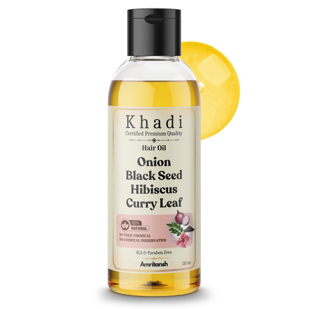 Khadi Natural Onion Black Seed Hibiscus Curry Leaf Hair Oil | Ayurvedic Herbal Hair Oil for Scalp Nourishment & Hair Fall Control | Khadi Hair Oil for Women & Men | 110 ml | Amritansh-picture-13