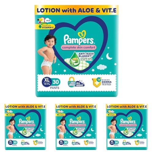 Image of Pampers Complete Skin Comfort Pants, Anti-rash blanket, Lotion with Vitamin E & Aloe Vera, Extra Large size baby Diapers, (12-17kg) 30 Count (Pack of 4)