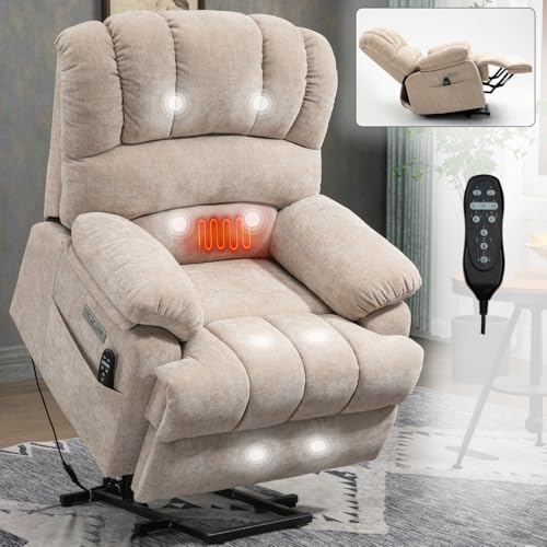 Image of Extra Large Power Lift Recliner Chair with Massage, Lumbar Heat, and USB Charging - Ideal for Enhanced Comfort and Mobility (42 x) (Beige + Chenille + Fiber Foam and Polyester Fiber Pa)