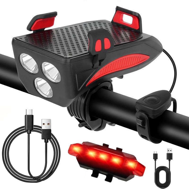 Bike Light + Bike Phone Holder 2 in 1 LED Bicycle Light Set Rechargeable 4800 mAh Bicycle Light with Power Bank Loud Bell Rear Light Cycling Torch Hiking Camping All Mountain & Road Bike