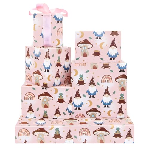 Mushroom Wrapping Paper Cute Gnome Frog Rainbow Mushroom House Pink Gift Wrap Paper Forset Fairytale Art Paper Folded Flat with Pink Ribbow for Kids Birthday Baby Shower Party Gift Packing Decor