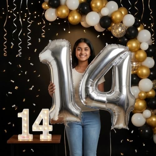 Image of Balloonistics Silver 40-Inch Foil Number 14 Balloon with Matching LED Marquee Light - Combo Set for 14th Birthday, Anniversary, Party Decoration, Photo Booth Backdrop