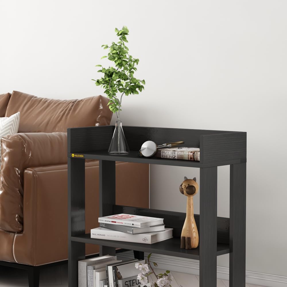 Mobile Bookshelf with Wheels 3 Tier, Wooden Small Bookcases for Small Spaces, Narrow Book Shelf Organizer for Bedroom, Living Room, Home Office, Black