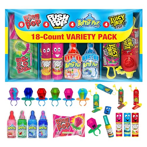 Candy Variety Pack, 18 Count Assorted Lollipops, Bulk Individually Wrapped Ring Pop, Push Pop, Baby Bottle Pop & Juicy Drop, Ideal for Birthdays, Party Favors for Kids & Hard Candy Gifts