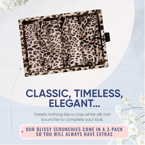Image of Blissy Silk Scrunchies (3 Pack) - 100% Pure Mulberry Silk - 22 Momme 6A High-Grade Fibers Scrunchie for Straight & Curly Hair (Leopard, Regular)