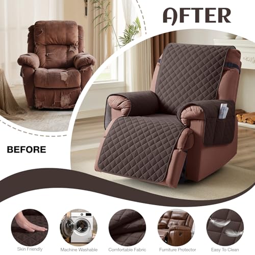 Image of KinCam 100% Waterproof Recliner Chair Cover, Reclining Couch Covers for Pets, Dogs, Recliner Couch Slipcover Furniture Protector with Elastic Straps for Kids(28 inch, Chocolate)