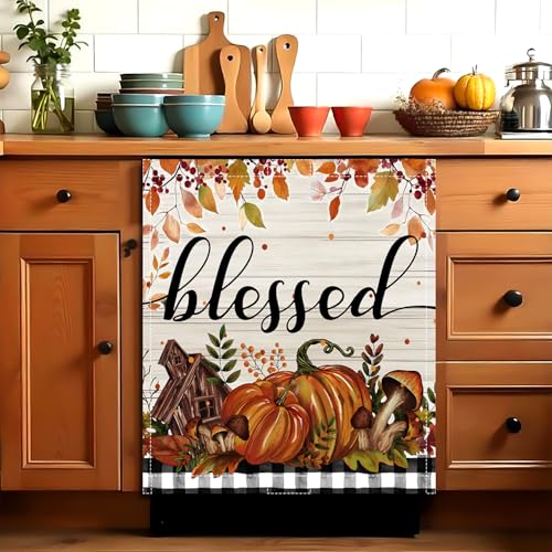 Image of Fall Pumpkin Dishwasher Magnet Cover Blessed Autumn Dishwasher Magnet Sticker for Kitchen 23x26 in Thanksgiving Decor Dish Washer Magnets Cover Refrige Magnets Panel Decal