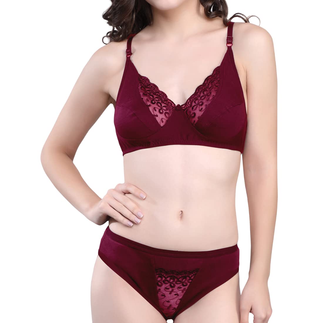 LP london paree Women's Non-Wired, Non-Padded Bra Panty Set, Stretchable Soft Breathable Fabric Lingerie Set (Set of 1)(RDK-Maroon,36)-picture-27