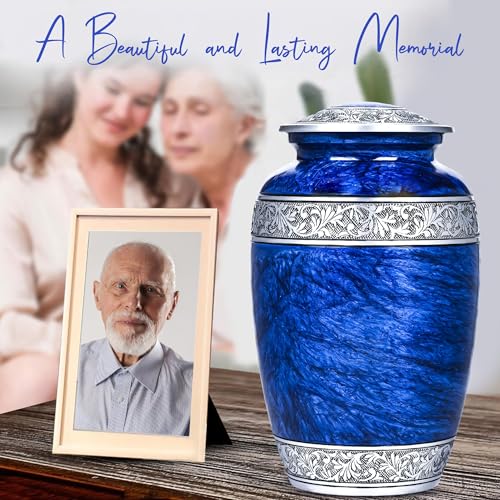 Image of Hand-Engraved Blue Urn for Ashes Adult Male & Female with Velvet Bag & Medallion | Blue Marble Finish Metal Cremation Urns for Human Ashes Adult Man | Elegant Burial & Funeral Urn, Large, 220lbs