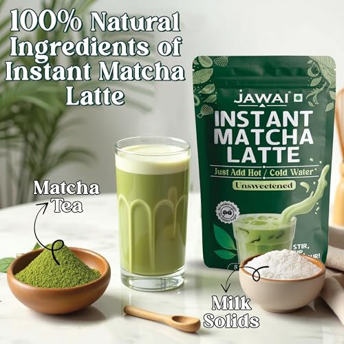 Image of JAWAI MATCHA LATTE INSTANT PREMIX | 100 Grams | Japanese Matcha Green Tea Powder | UNSWEETENED, No Added Sugar | Antioxidant Rich, Keto & Vegan Friendly | Just Add Hot or Cold Water | 5 Sachets x 20G