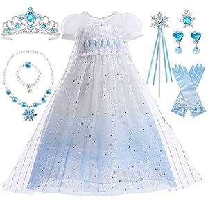 Disfraz Princesa Niña, Elsa Princesa Vestidos Infantiles, Princesa Disfraz con Corona Collar Set,Frozen Princesa Disfraz Cosplay Vestirse para Cumpleaños Fiesta Halloween Cosplay Navidad Carnaval
