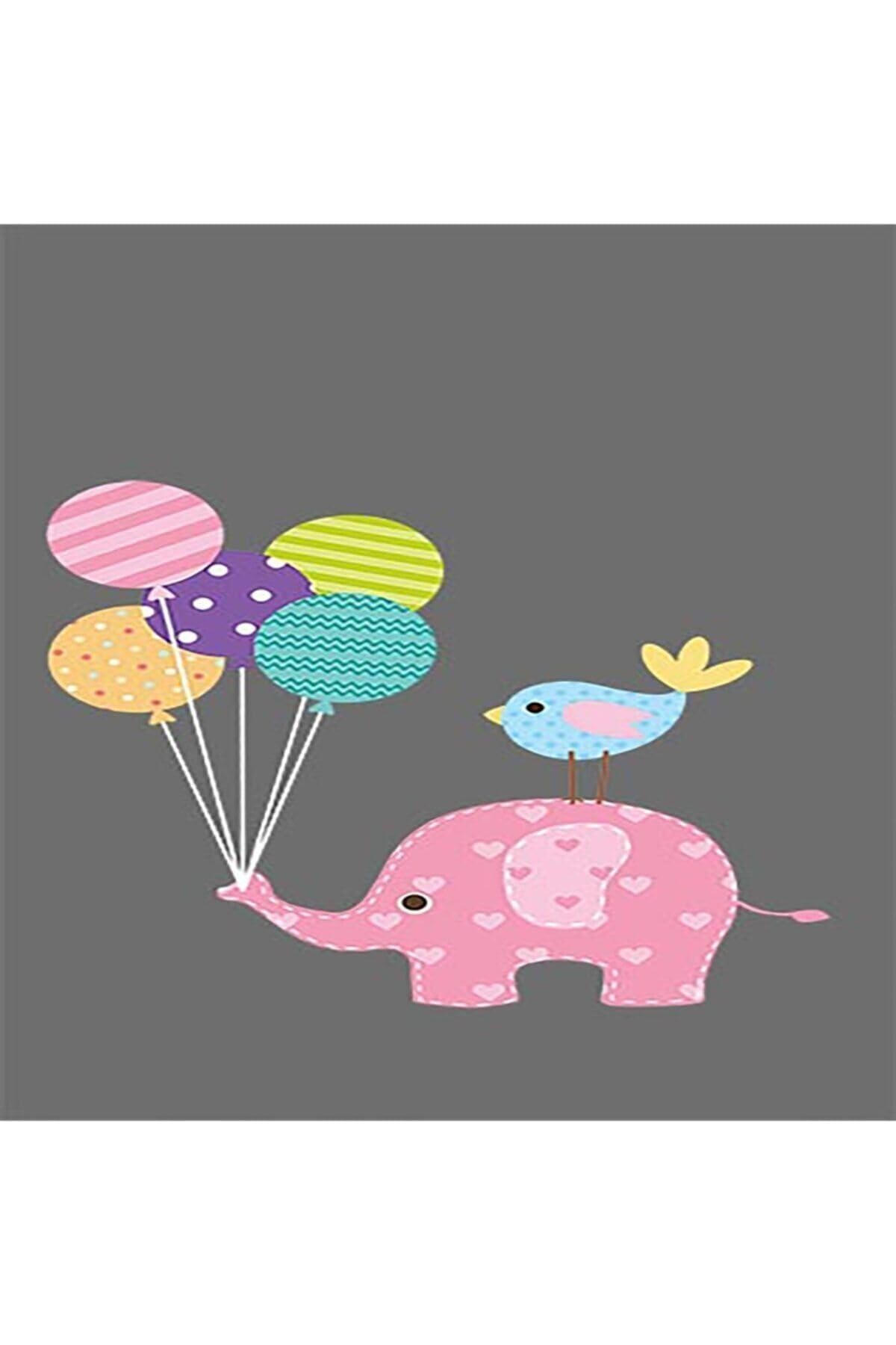 Pelangi Filli Balonlu Kuşlu Dijital Baskı Yıkanabilir Kaymaz Taban Leke Tutmaz Fil Desenli Bebek Odası Halıs, Pembe-Gri 40 x 40
