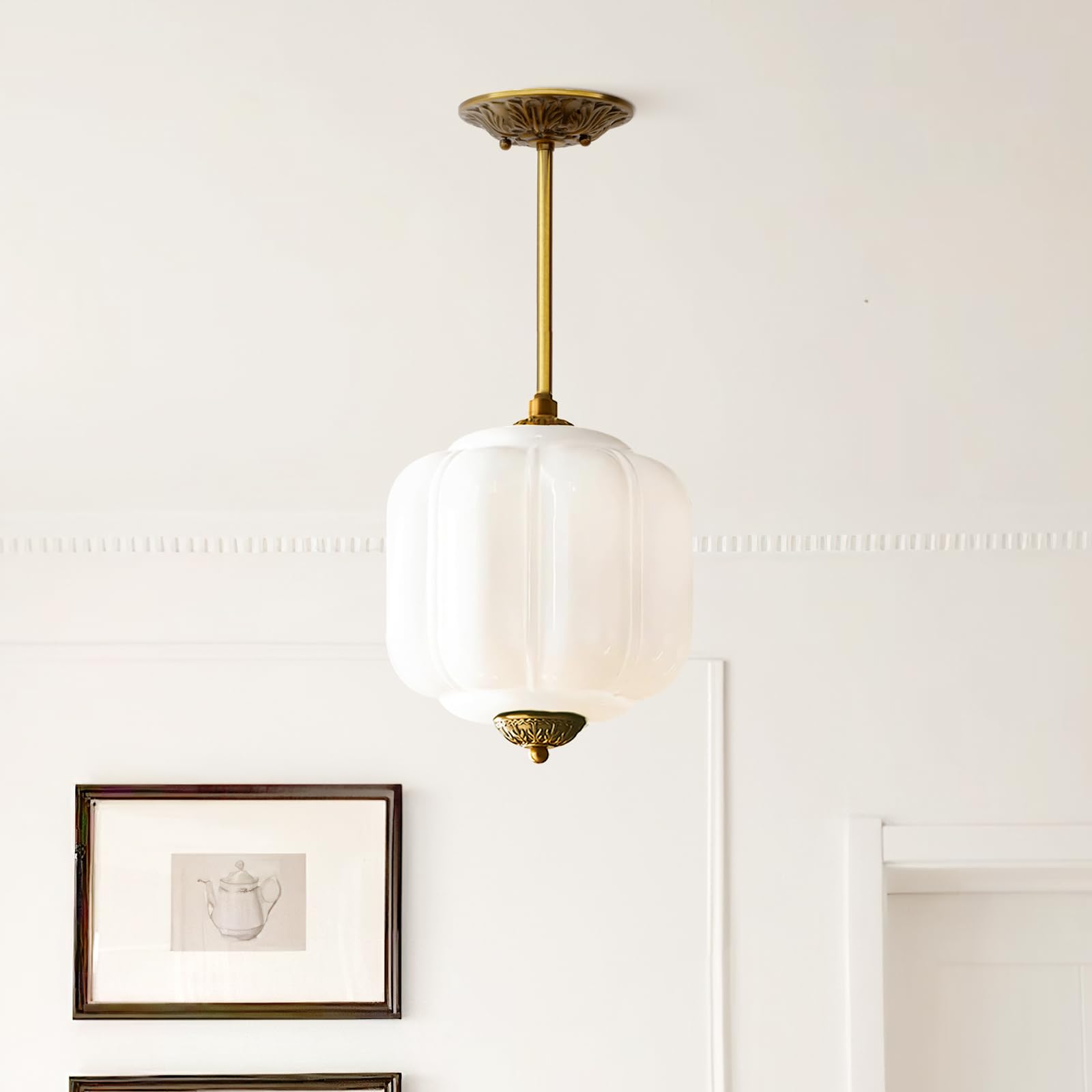 CKENSU Milk Glass Ceiling Light Fixture - Antique Brass Semi Flush