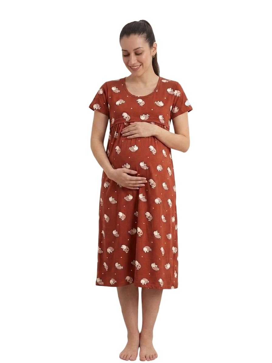Women Cotton Printed Knee Length Maternity Nighty for Nursing & Feeding-image-17
