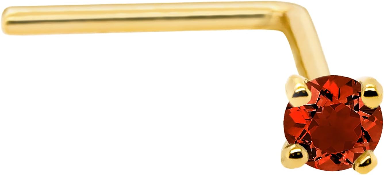 22G Solid 14Kt Gold L-Shape Nose Stud with real Garnet Gemstone, 14kt Yellow Gold or 14kt White Gold Prong Setting - January Birthstone Nose Ring