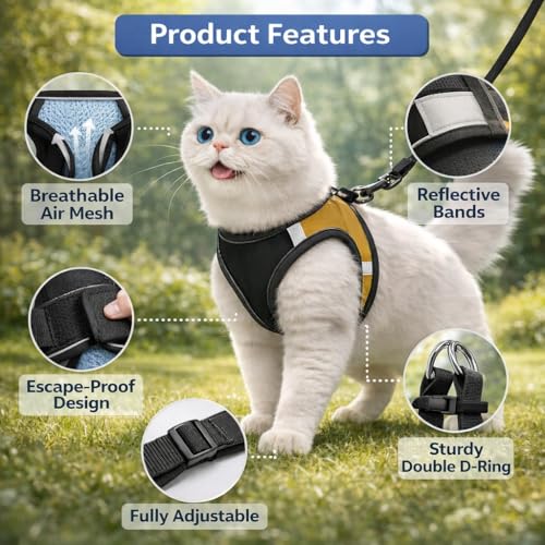 Image of Berlin's Cat Harness with Leash for Outdoor, Walking, Escape Proof, Air Mesh Fabric, Easy Control, Adjustable & Durable Cat Leash with Harness for Cats (Black-Golden, Large)