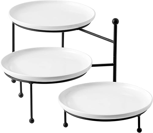 Miniatura 1 de Kanwone Soporte para servir de 3 niveles con platos de porcelana blanca, soporte giratorio de exhibición de alimentos, bandejas de servicio de 10 x
