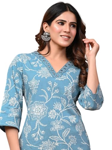 Image of Rimeline Women's Cotton Printed Kurta with Embellished V-Neck Design | Straight Fit Ethnic Wear for Office, Casual & Daily Use