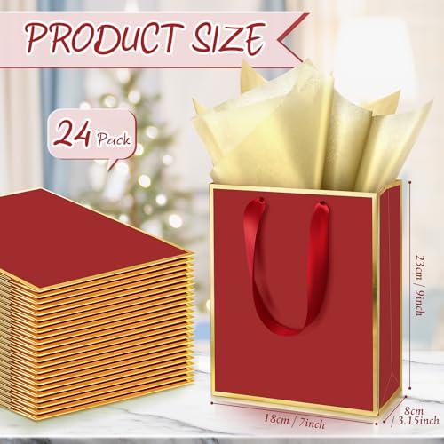 Image of Yeaqee 24 Pack Metallic Paper Gift Bags, Burgundy Red, Gold | with Satin Ribbon Handle and Tissue, 9x7x3.1 Inch, Suit Business, Birthday, Christmas, Thank You Return Gifts Bags