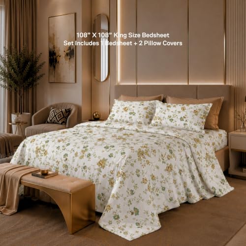 Image of Jaipur Weaves Cotton Linen Feel King Size Bedsheet 108x108 Super King, 100% Pure Cotton Bed Sheet with 2 Pillow Covers, 300 TC Soft Breathable Floral Design Bedding -(Vintage Yellow, Super King)