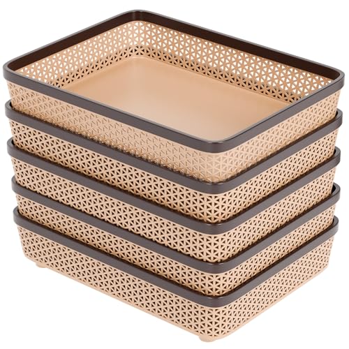 Image of TEX-RO Plastic Trays for Storage Organizer | Multipurpose Tray for Kitchen, Office & Drawer | Storage Tray for Documents, Cosmetics, Stationery | Woven Design Basket - Brown, Pack of 5