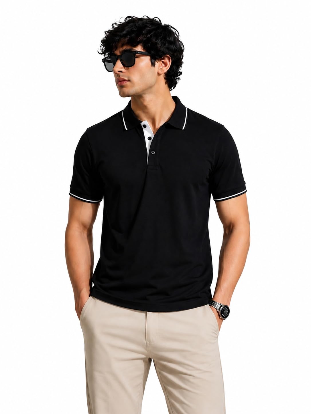 Men's Solid Black Polo T-Shirt | Regular Fit | Half Sleeve Cotton Blend Polo Neck Casual T-Shirt with Contrast White Tipping-picture-20