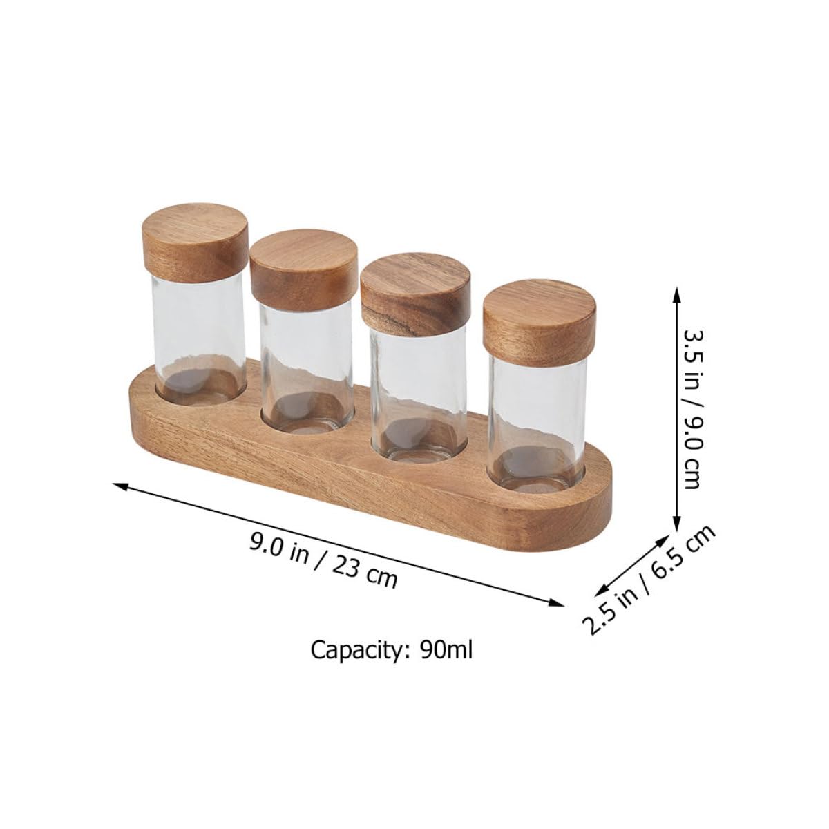 UKCOCO Set 4 Barattoli di Vetro con Coperchio in Legno di Acacia 90ml con Vassoio Porta Spezie per Cucina, Contenitori per Condimenti Trasparenti Salvaspazio per Uso Domestico e Barbecue