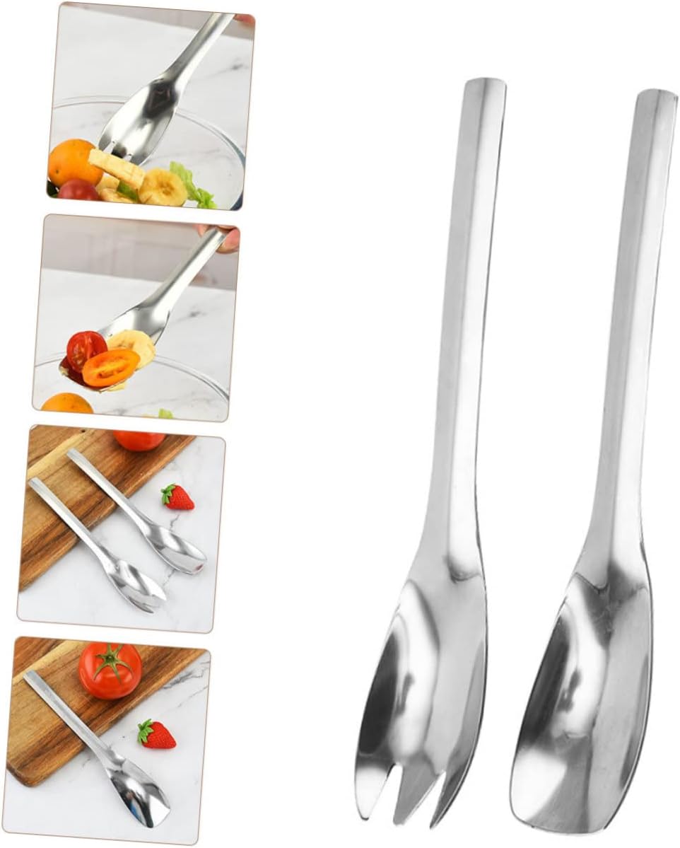 1Set Stainless Steel Salad Servers Long Handle Spork and Spoon Household Kitchen Flatware Reusable Comfortable Grip for Home Restaurant Party Banquet